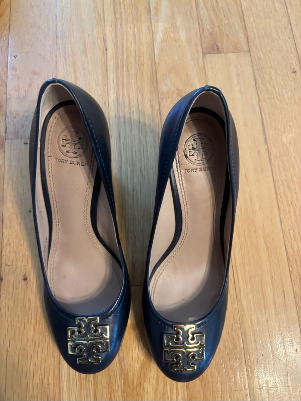 Tory Burch Navy Leather Heels with Gold Logo